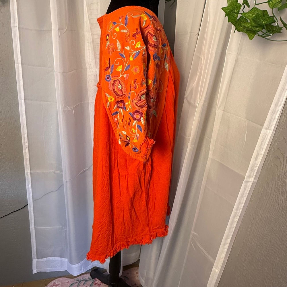 Umgee Plus Orange Embroidered Sleeve Linen Cotton Blend Fringe Hem Top 2XL - Picture 9 of 9